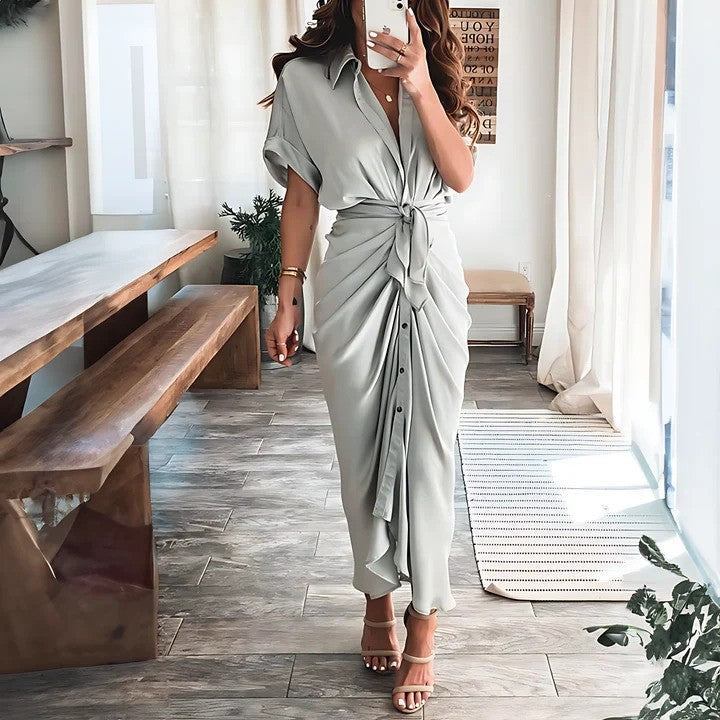 Women's Shirt Dress with Collar and Waist Tie - Grey