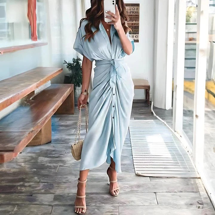 Women's Shirt Dress with Collar and Waist Tie - Blue
