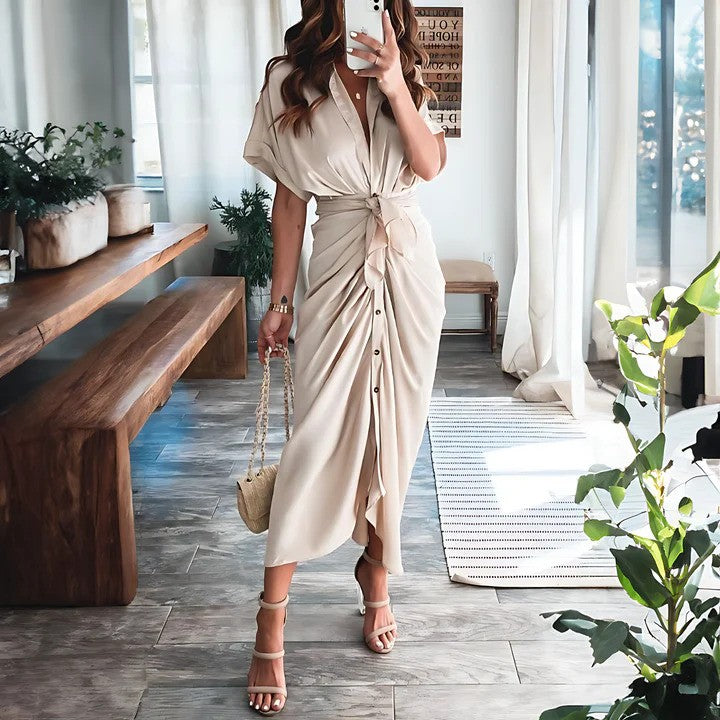 Women's Shirt Dress with Collar and Waist Tie - Gold