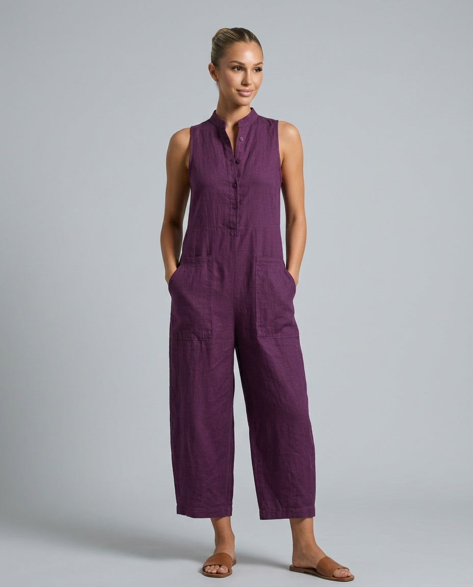 Women's Sleeveless Jumpsuit with Stand Collar and Wide Leg - Purple