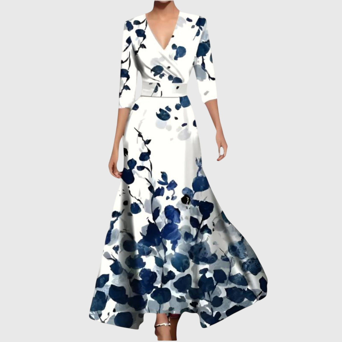 Women's Wrap Dress with V-Neck and Three-Quarter Sleeves - Blue