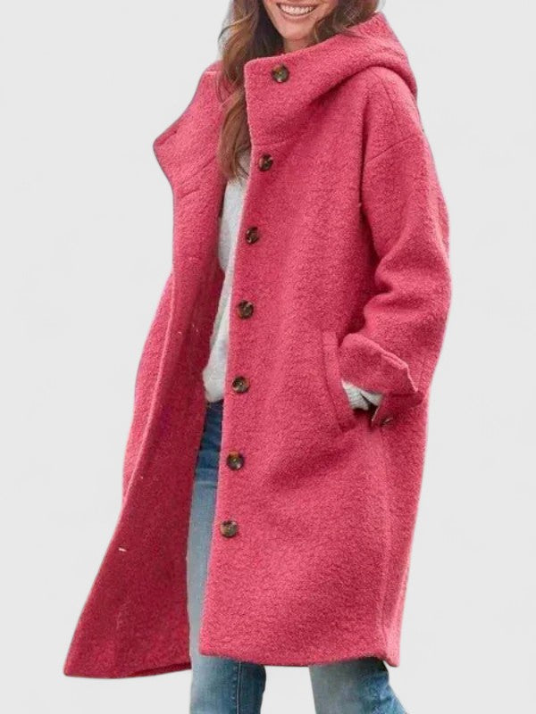 Women's Longline Hooded Coat with Button Front - Pink