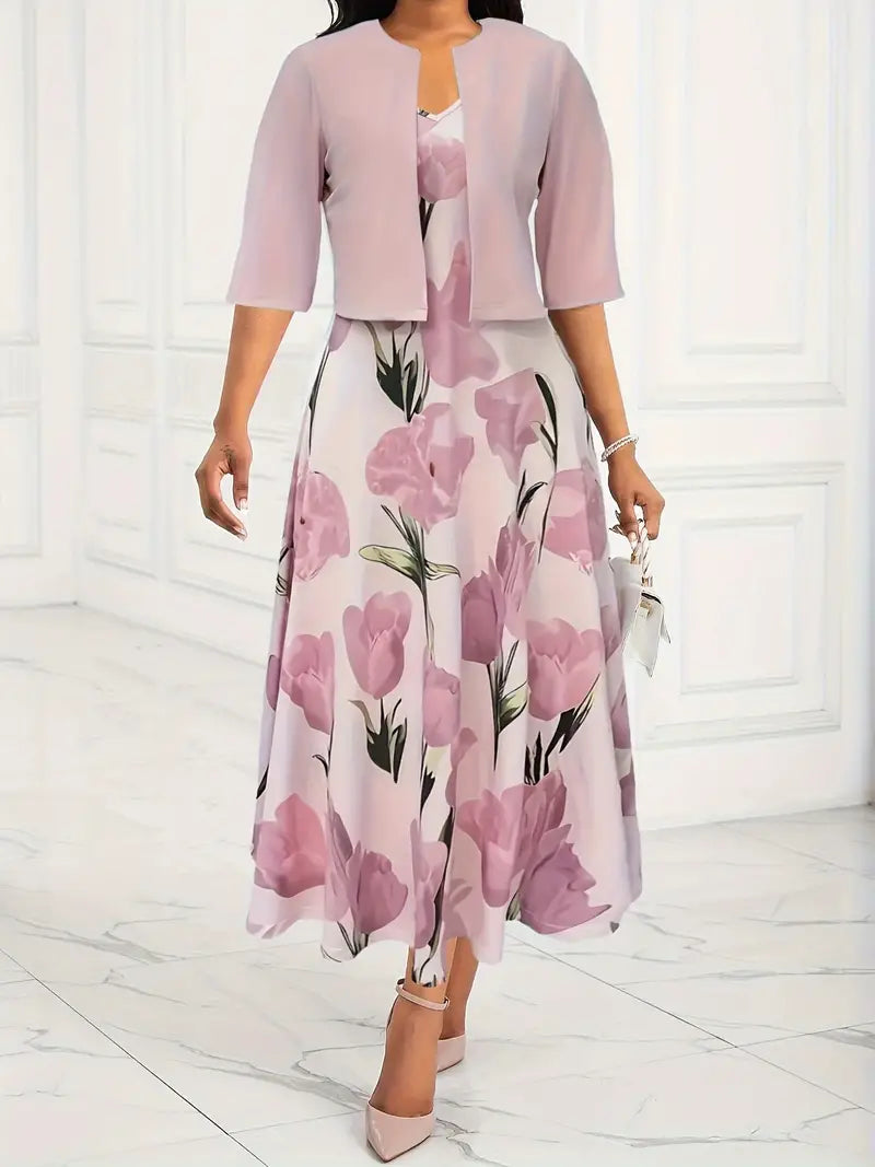 Women's Floral Maxi Dress Sleeveless with V-Neck and A-Line Silhouette - Pink