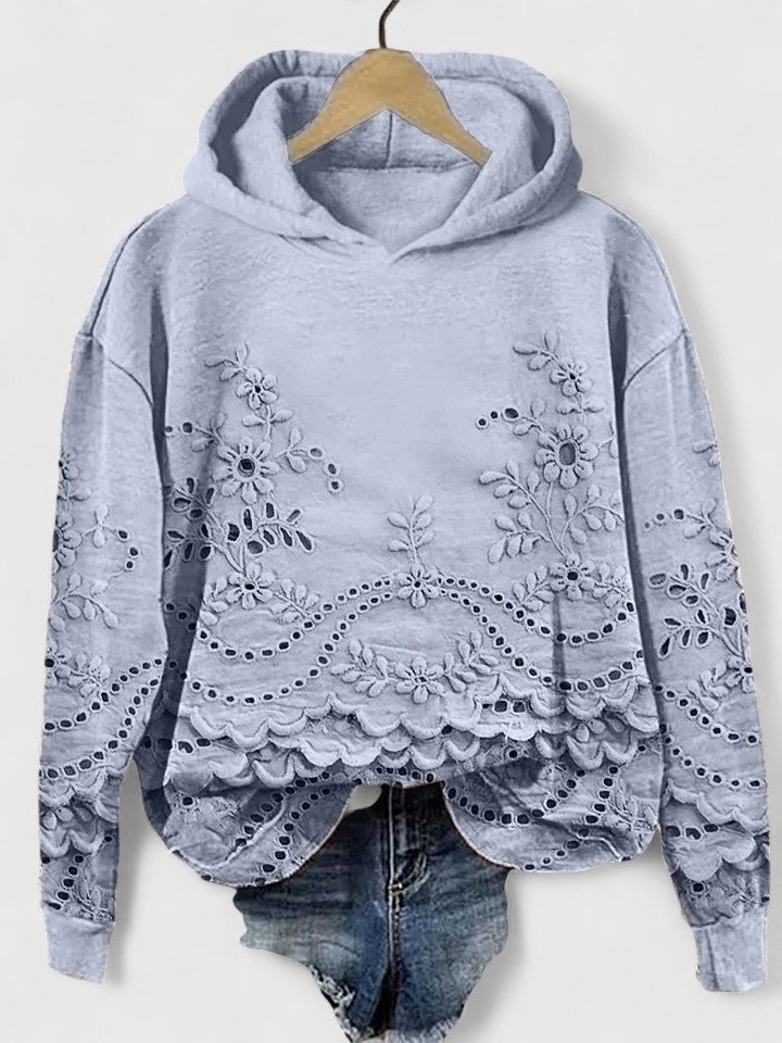 Women's Hooded Jumper with Floral Lace Trim and Scalloped Hem - Blue