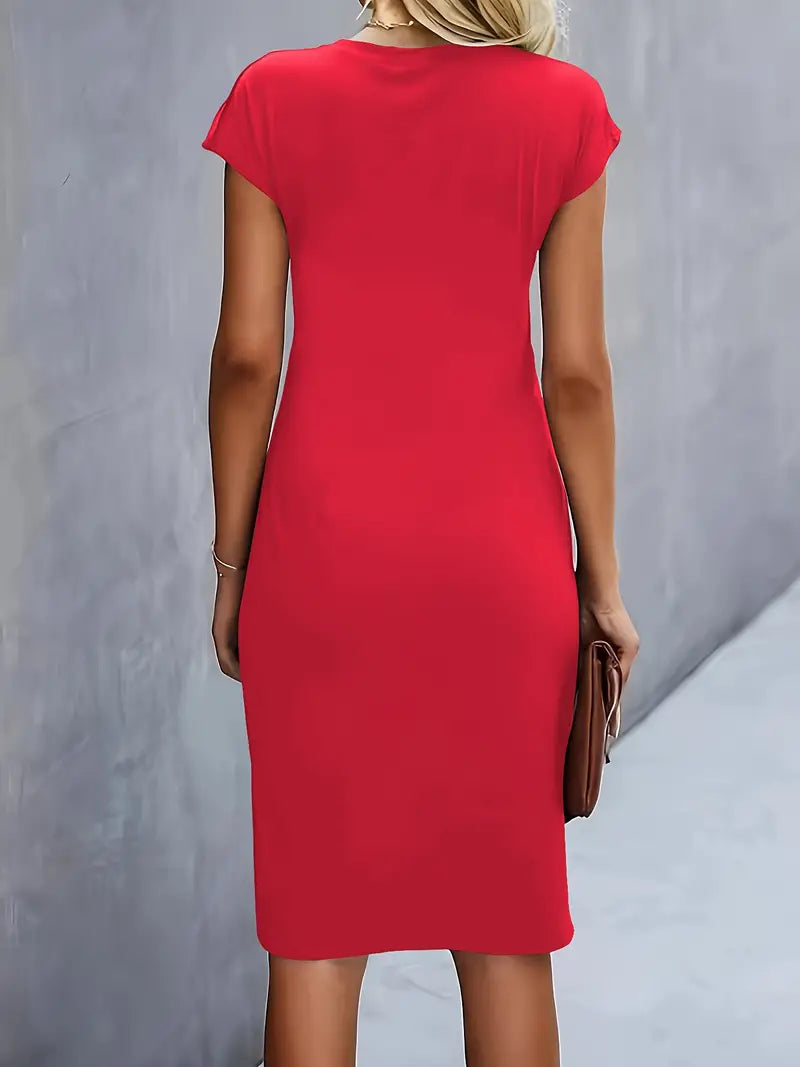 Women's Midi Dress with Round Neck and Ruched Waist - 5