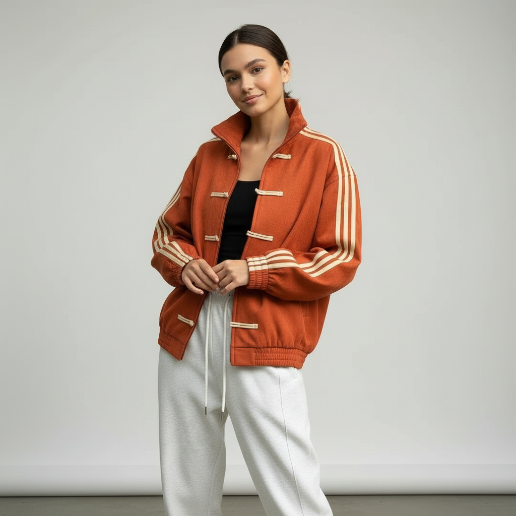 Women's Track Jacket with Button Loops and Contrast Stripes - Rust