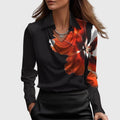 Women's Blouse with Draped Cowl Neckline and Long Sleeves - Black Red
