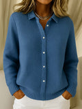 Women's Knitted Button Cardigan with Collar and Long Sleeves - Navy Blue