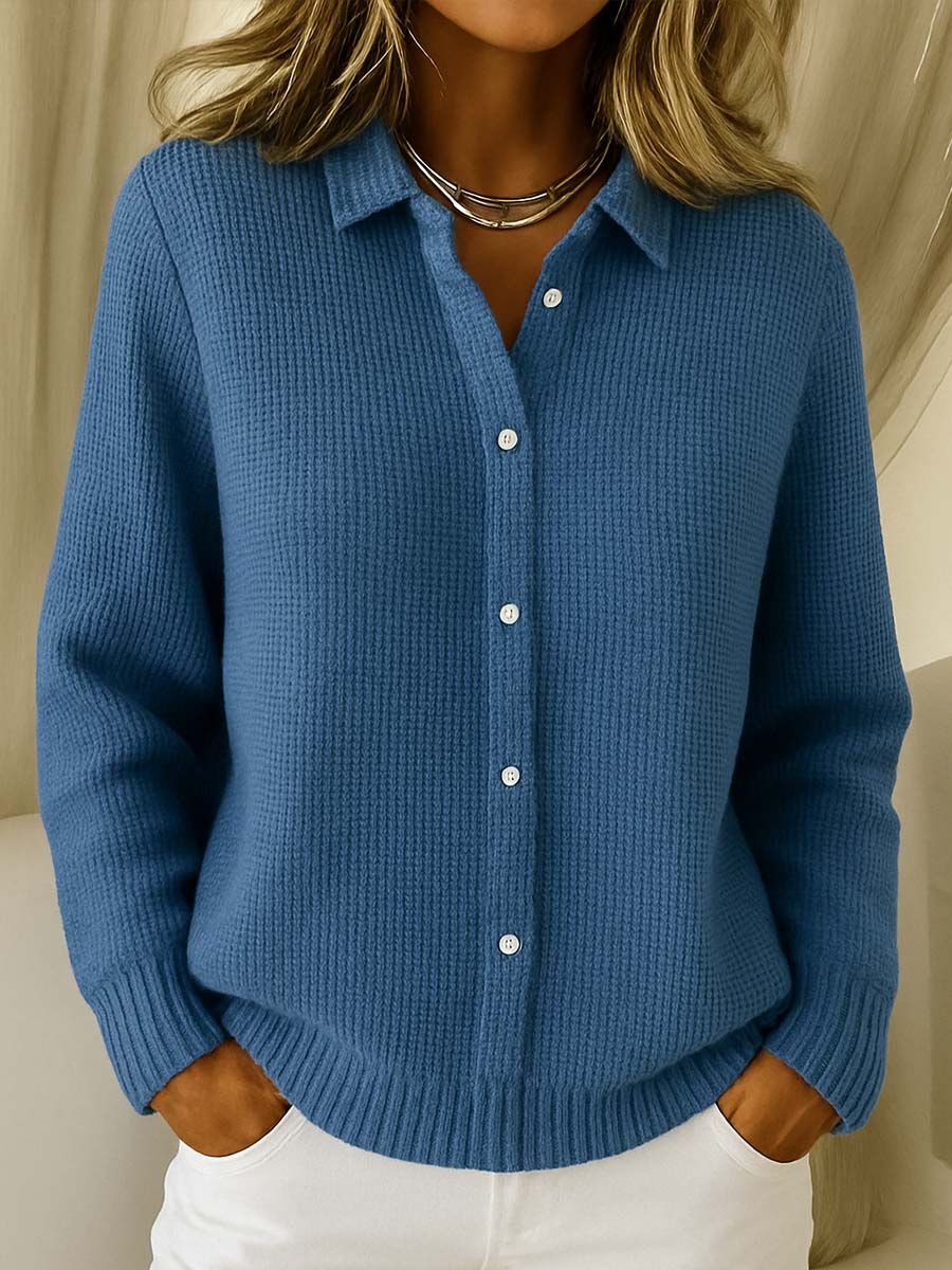 Women's Knitted Button Cardigan with Collar and Long Sleeves - Navy Blue