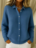 Women's Cardigan with Collar and Ribbed Cuffs - Dark Blue