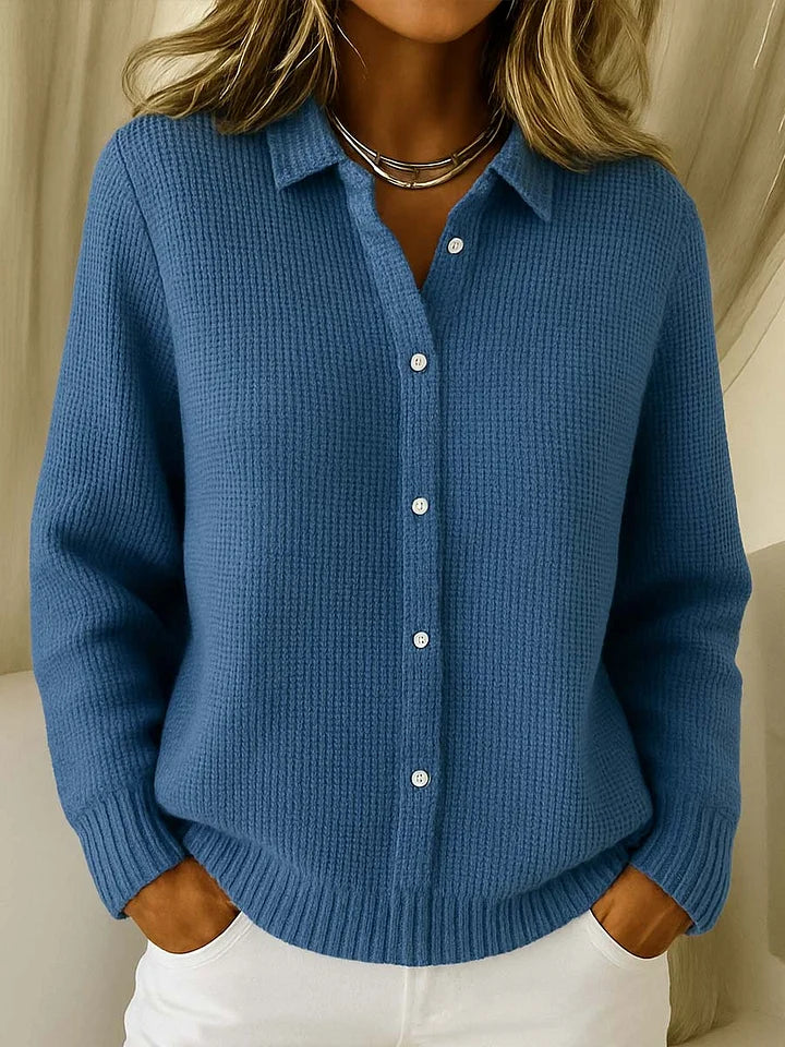 Women's Cardigan with Collar and Ribbed Cuffs - Dark Blue
