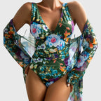 Floral Print High-Waisted Bikini Set with Adjustable Straps - Green