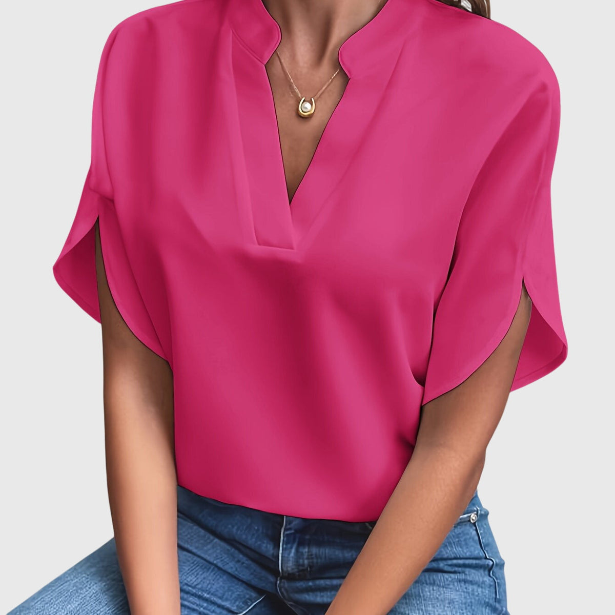 Women's Blouse Short Sleeve with V-Neck and Split Cuffs - 16