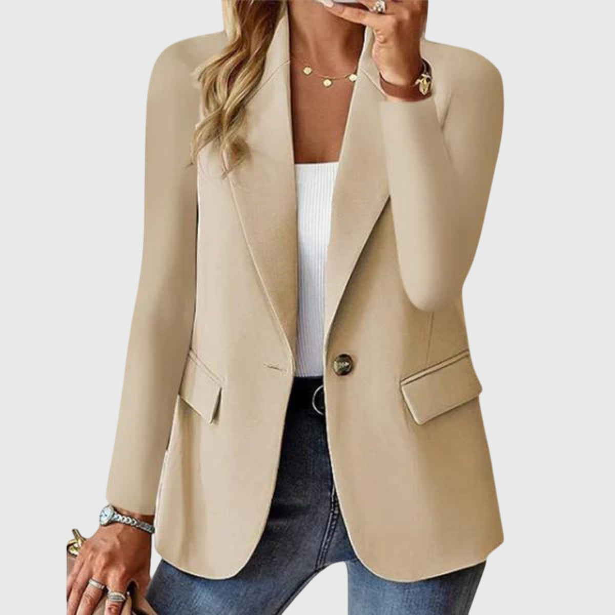 Women's Tailored Blazer with Notch Lapel and Single Button Fastening - Beige