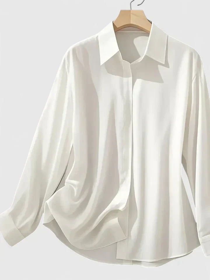 Women's Long Sleeve Shirt with Collar and Curved Hem - 2