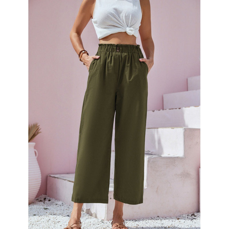 Women's High-Waisted Straight-Leg Trousers with Elastic Paperbag Waist - Military Green