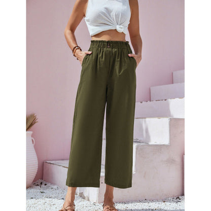 Women's High-Waisted Straight-Leg Trousers with Elastic Paperbag Waist