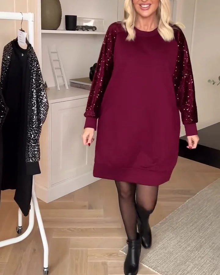 Women's Sequin Sleeve Sweatshirt Dress with Crew Neck - 4