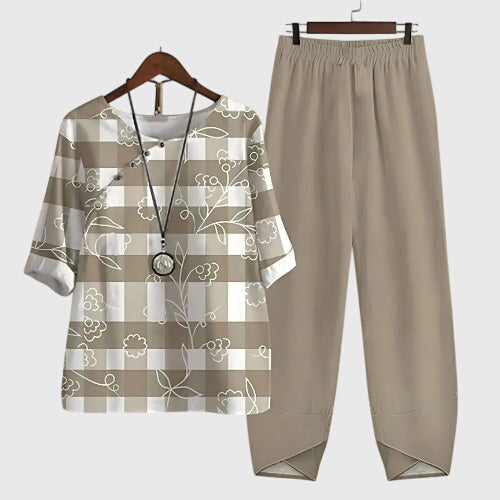 Women's Two Piece Set with Butterfly Print and Relaxed Fit - Khaki