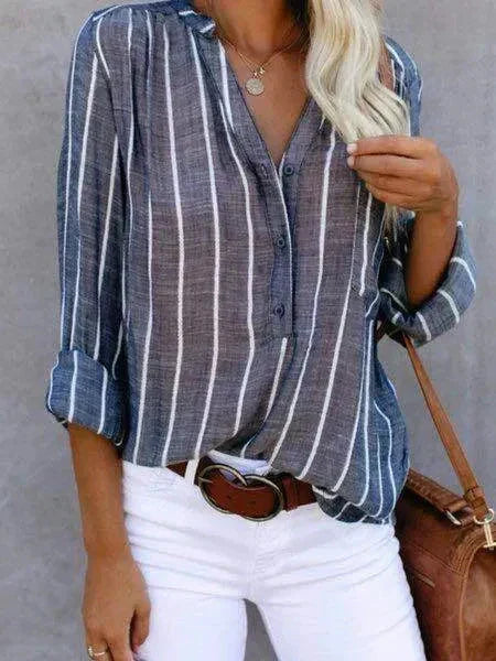 Women's Striped Blouse with V-Neck and Button Placket - Blue