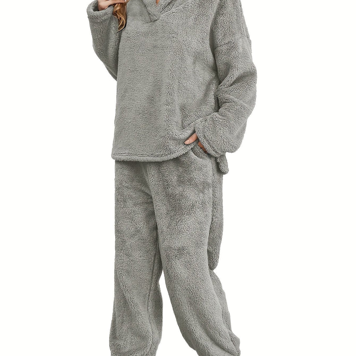 Women's Fleece Loungewear Set Shawl Collar Hoodie Trousers - Grey