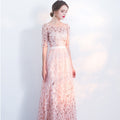 Women's Evening Dress Half Sleeve with Round Neck and A-Line Silhouette - Pink