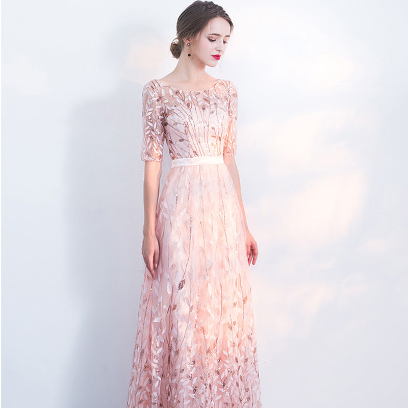 Women's Evening Dress Half Sleeve with Round Neck and A-Line Silhouette - Pink