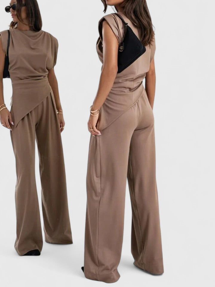Women's Two-Piece Set Sleeveless Draped Top with Wide-Leg Trousers - 13