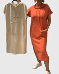 Women's Hooded Dress Short Sleeve with Kangaroo Pocket - Orange