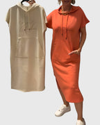 Women's Hooded Dress Short Sleeve with Kangaroo Pocket - Orange
