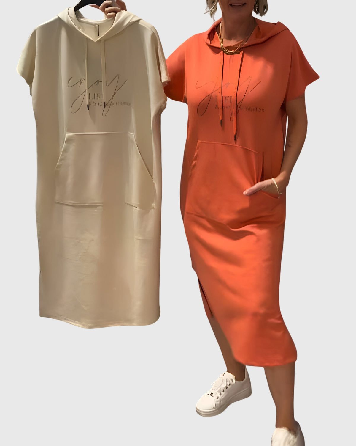 Women's Hooded Dress Short Sleeve with Kangaroo Pocket - Orange