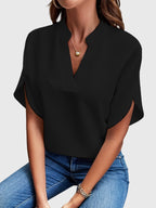 Women's Blouse Short Sleeve with V-Neck and Split Cuffs - Black