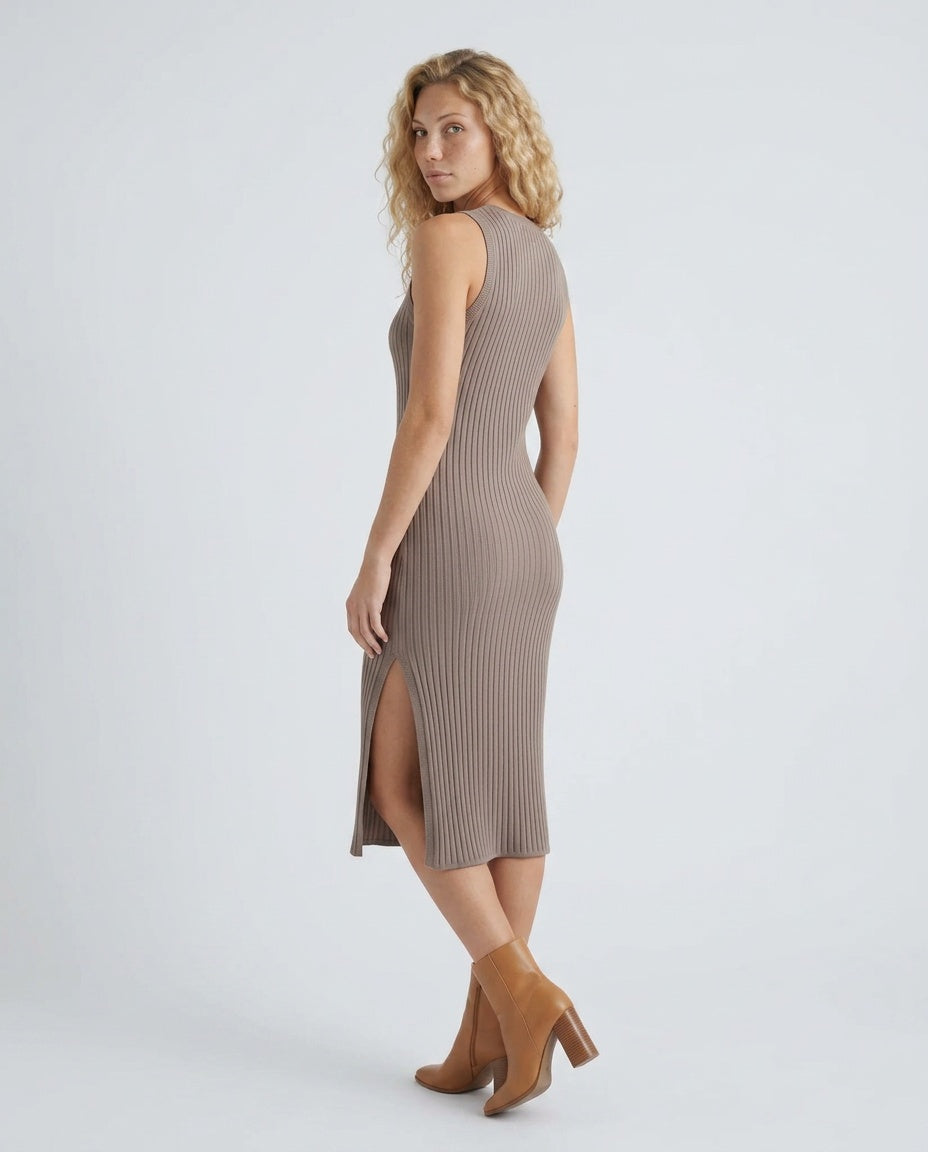 Women's Ribbed Fitted Knit Midi Dress Sleeveless with Side Slit - 13