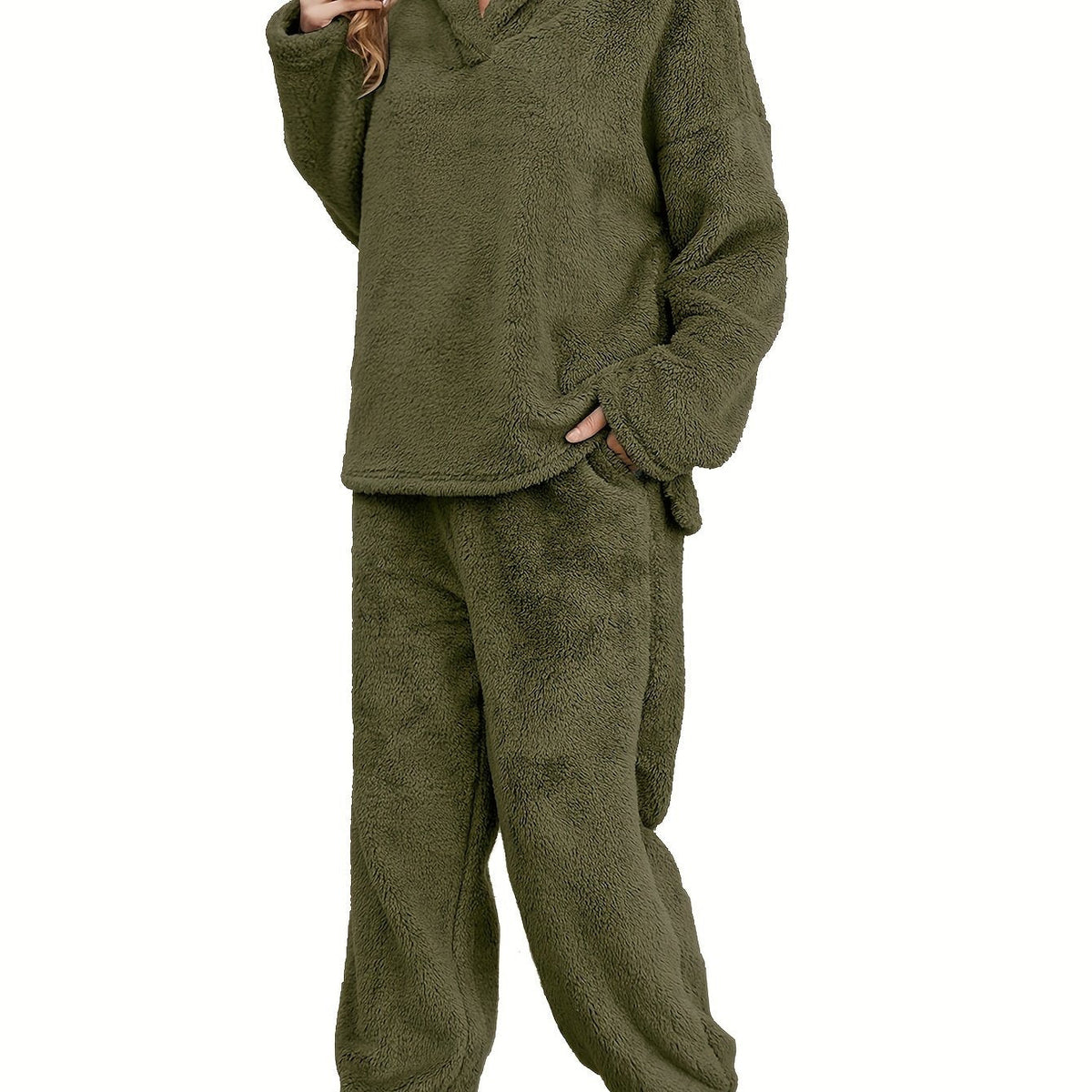 Women's Fleece Loungewear Set Shawl Collar Hoodie Trousers - Green