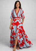 Women's Floral Maxi Dress with V-Neck and Three-Quarter Sleeves - Red
