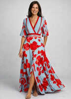 Women's Floral Maxi Dress with V-Neck and Three-Quarter Sleeves - Red