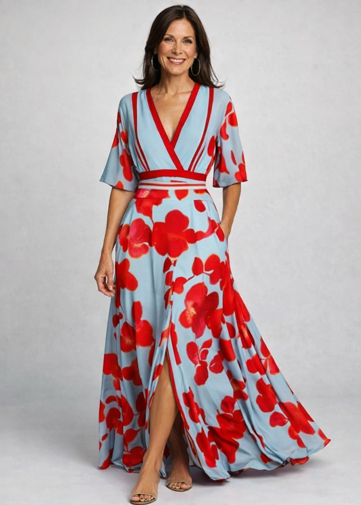 Women's Floral Maxi Dress with V-Neck and Three-Quarter Sleeves - Red