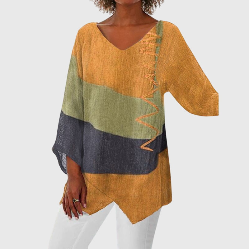 Women's V-Neck Top with Colour Block Print and Flowy Cut - Yellow