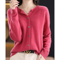 Women's Cardigan Long Sleeve Button-Front Round Neck - Dark Pink