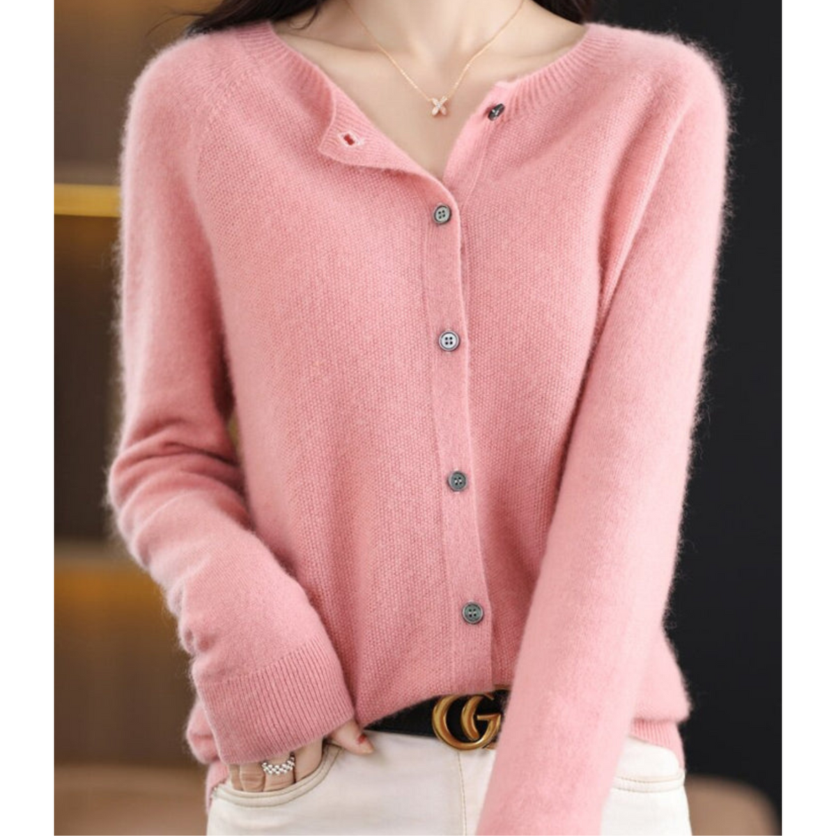Women's Cardigan Long Sleeve Button-Front Round Neck - Light Pink