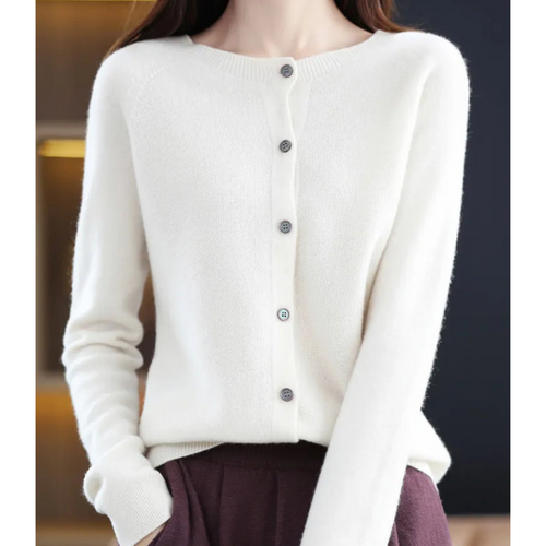 Women's Cardigan Long Sleeve Button-Front Round Neck - White