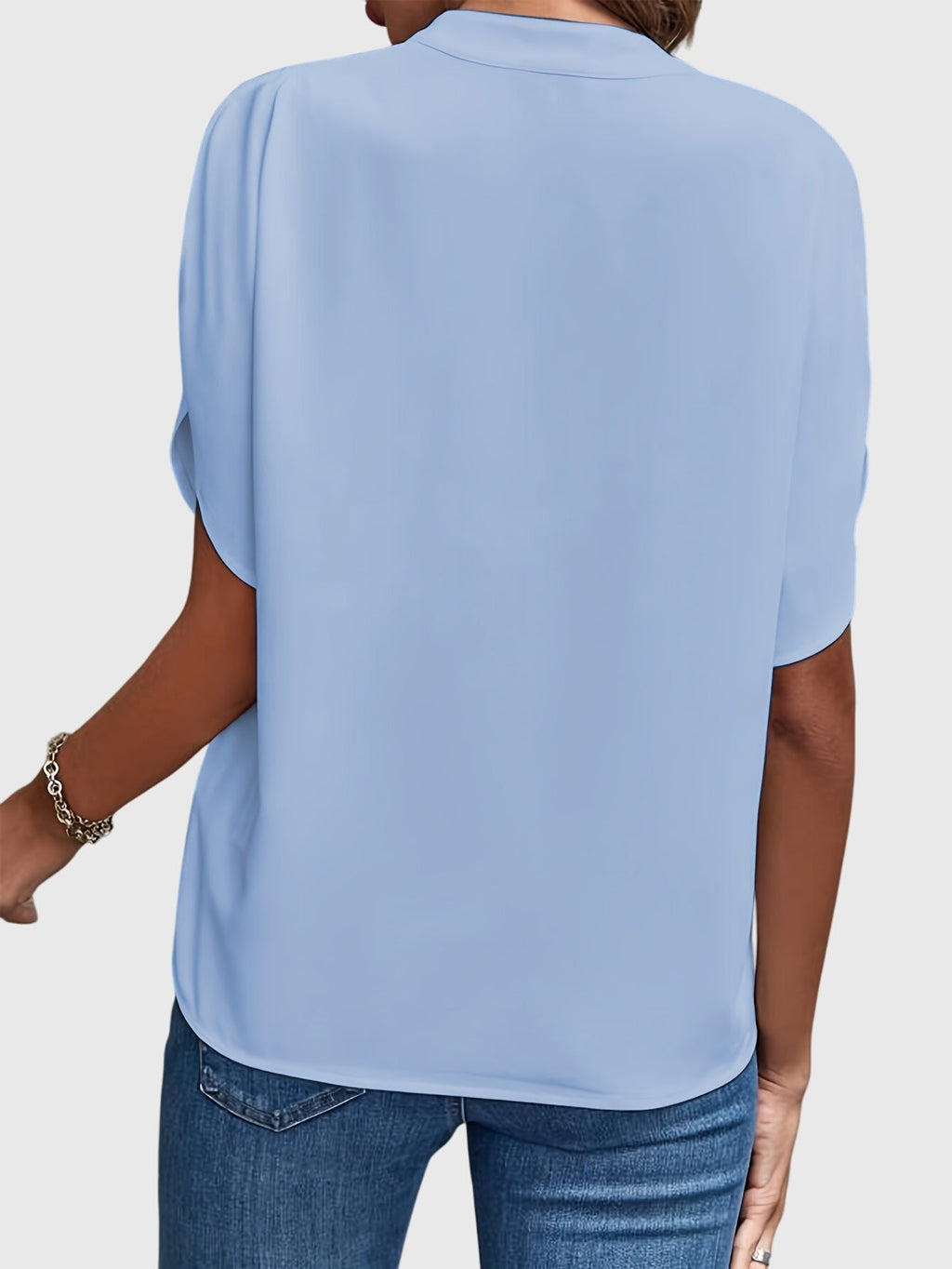 Women's Blouse Short Sleeve with V-Neck and Split Cuffs - 9