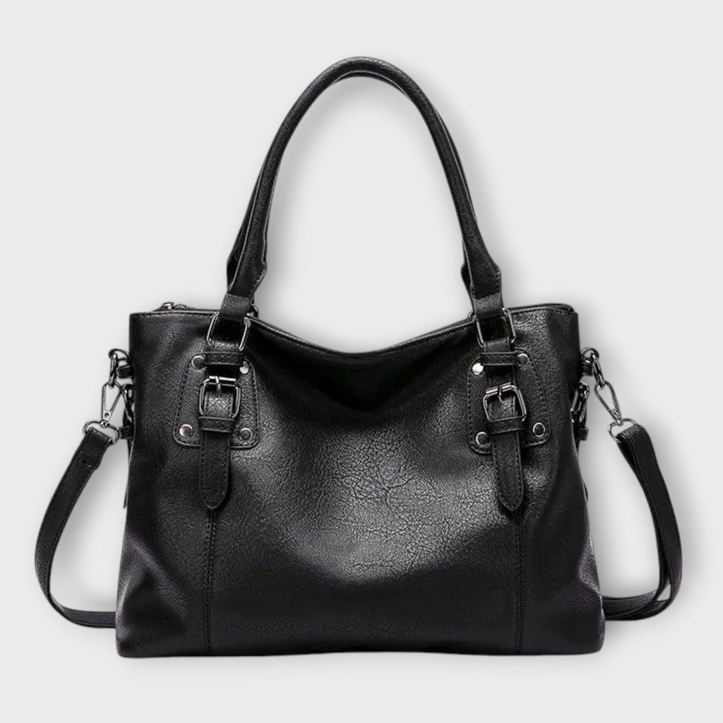 Women's Shoulder Bag with Buckle Straps and Magnetic Flap Closure - Black