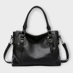 Women's Shoulder Bag with Buckle Straps and Magnetic Flap Closure - Black