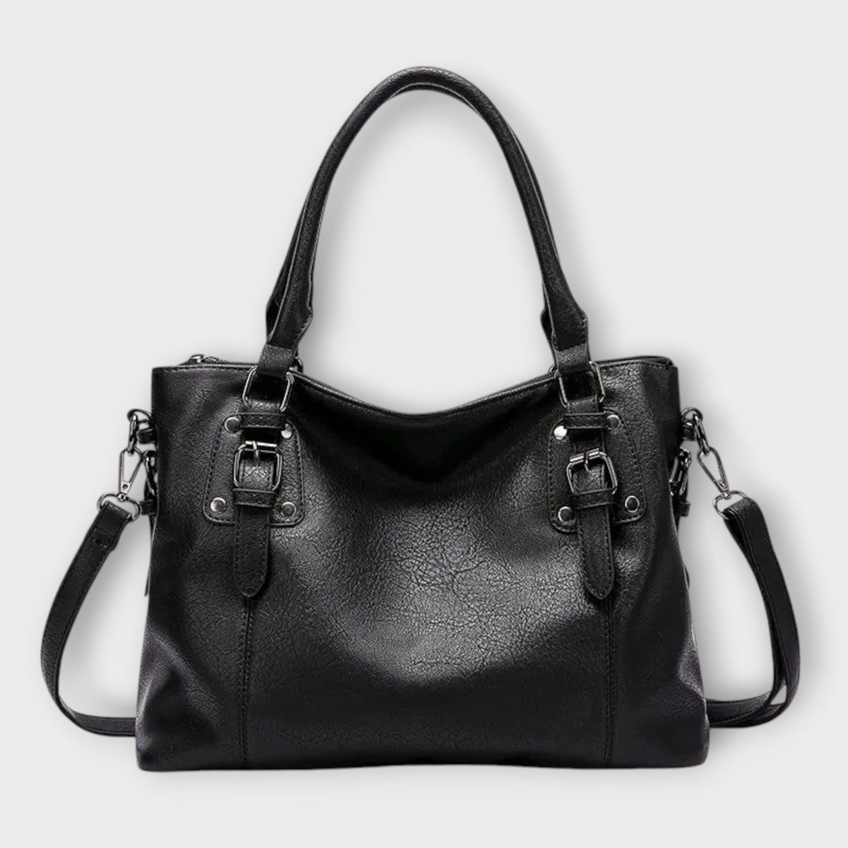 Women's Shoulder Bag with Buckle Straps and Magnetic Flap Closure - Black