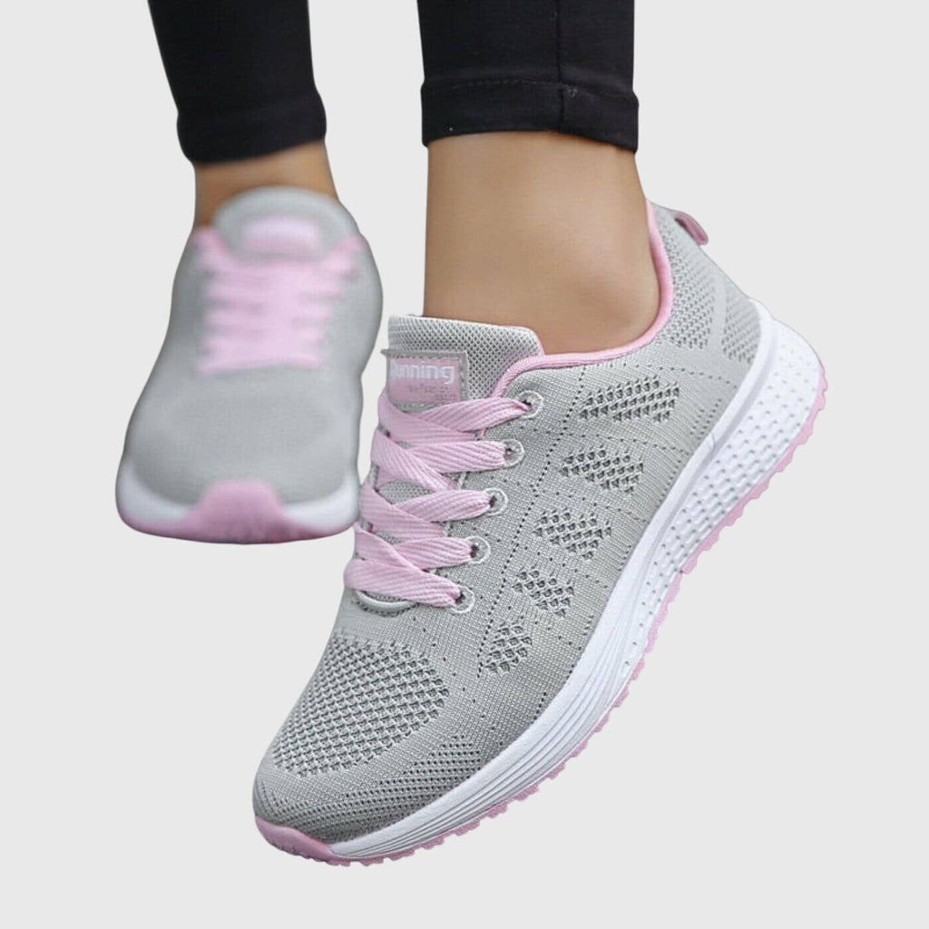 Women's Trainers with Cushioned Sole and Lace-Up Fastening - Grey/Pink