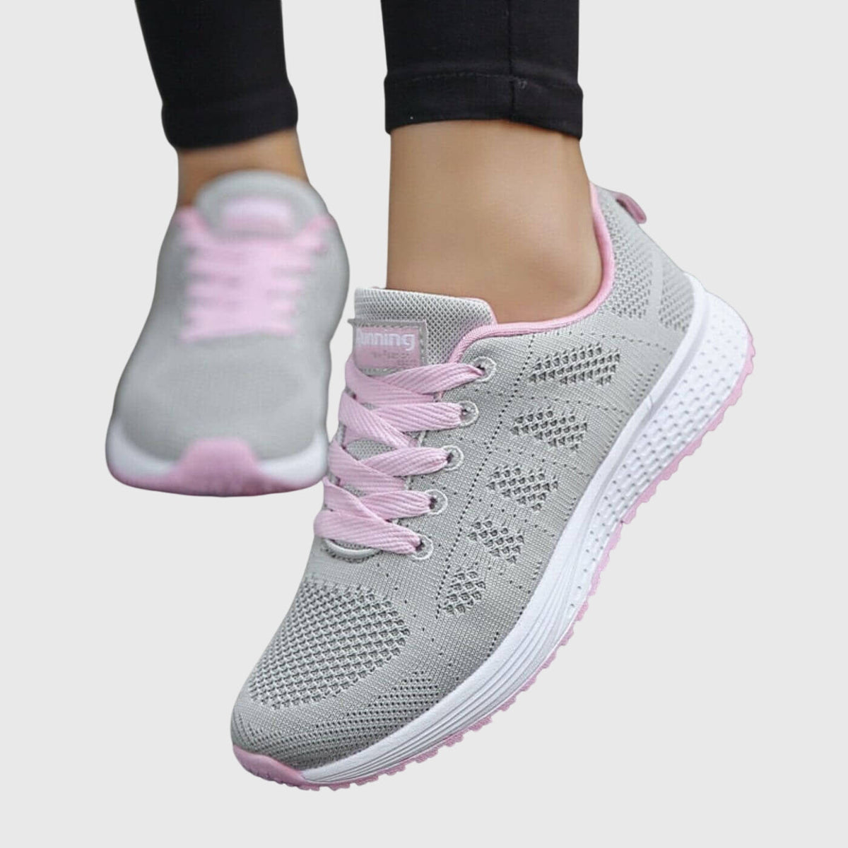 Women's Trainers with Cushioned Sole and Lace-Up Fastening - Grey/Pink