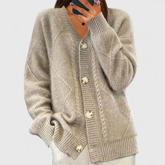 Women's Cardigan with V-Neck and Button Fastening - Khaki