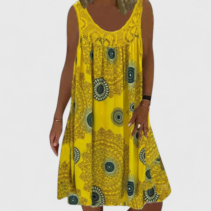 Women's Sleeveless Dress with Lace Yoke and Mandala Print - Yellow