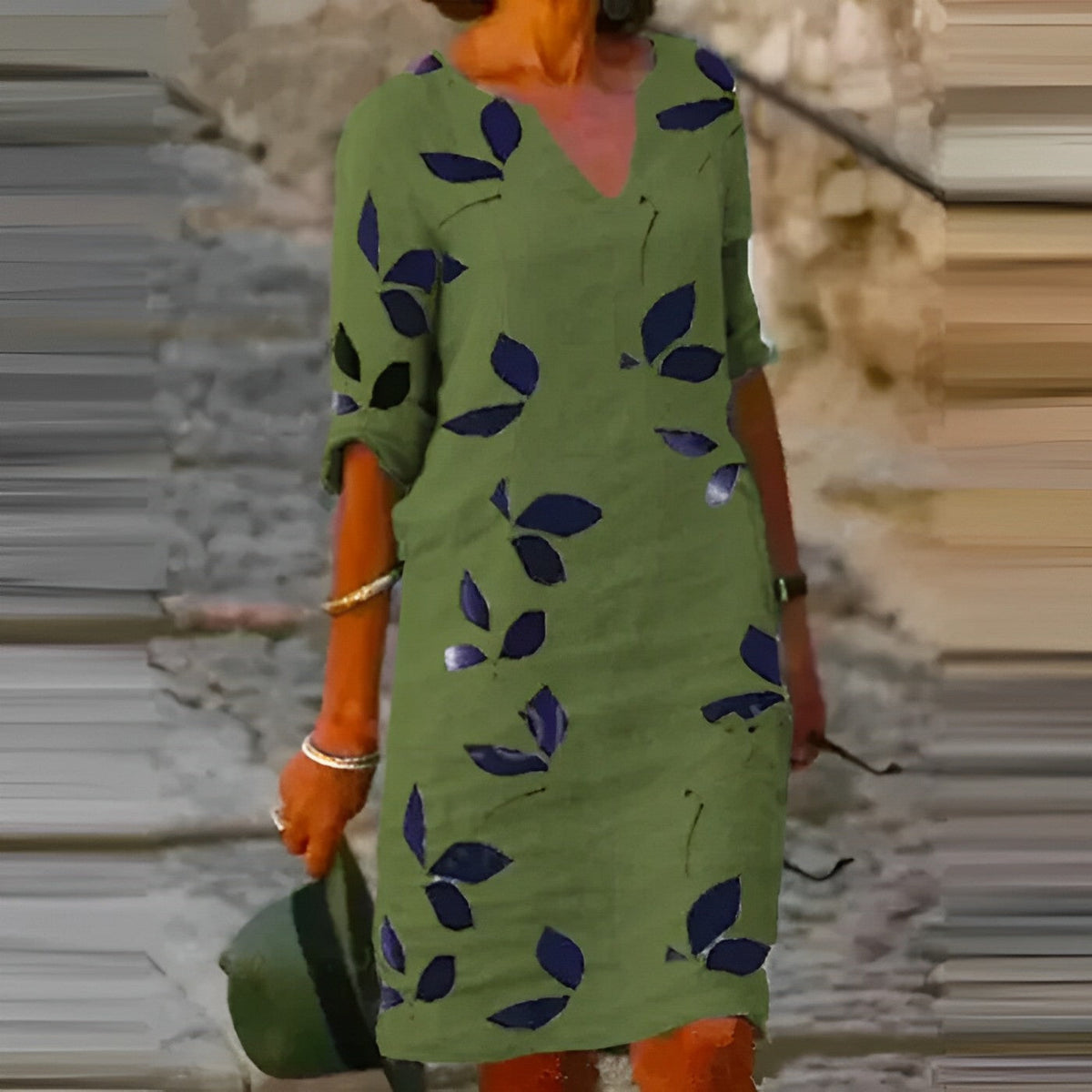 Women's Leaf Print Midi Dress with V-Neck and Three-Quarter Sleeves - Green